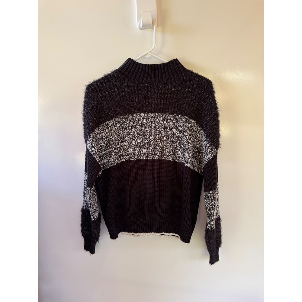 Willow + Root Mock Neck Colorblock Eyelash Knit Sweater Black White Grey XS